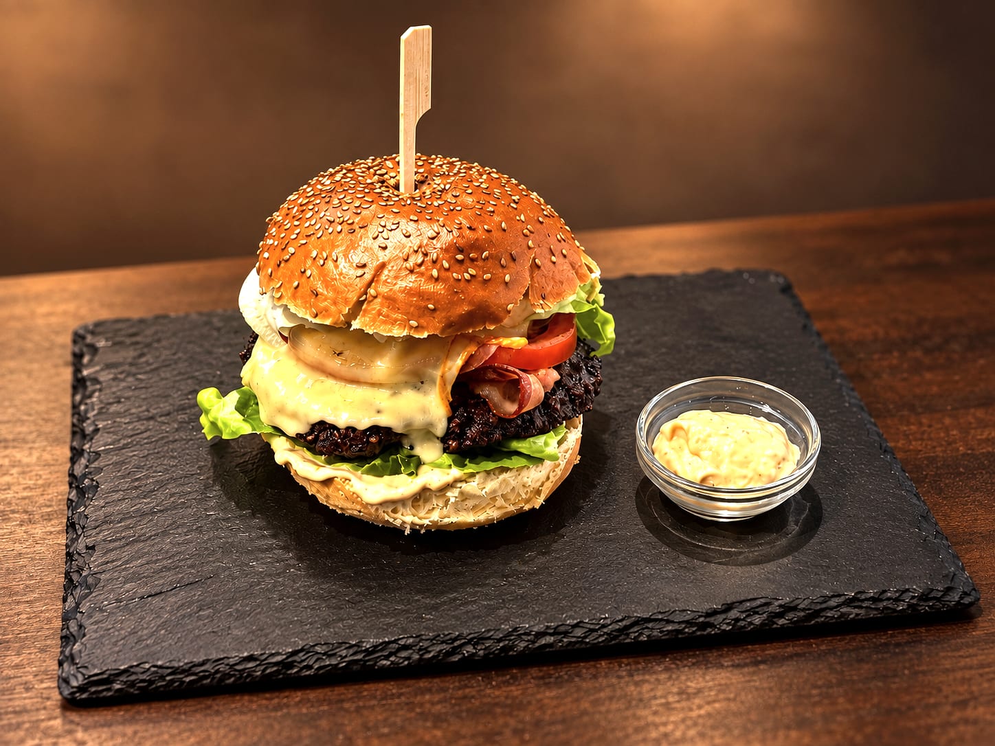 Hamburger de bœuf servi sur ardoise avec sa sauce